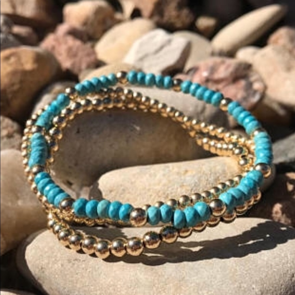 Turquoise & yellow gold filled beaded bracelet set